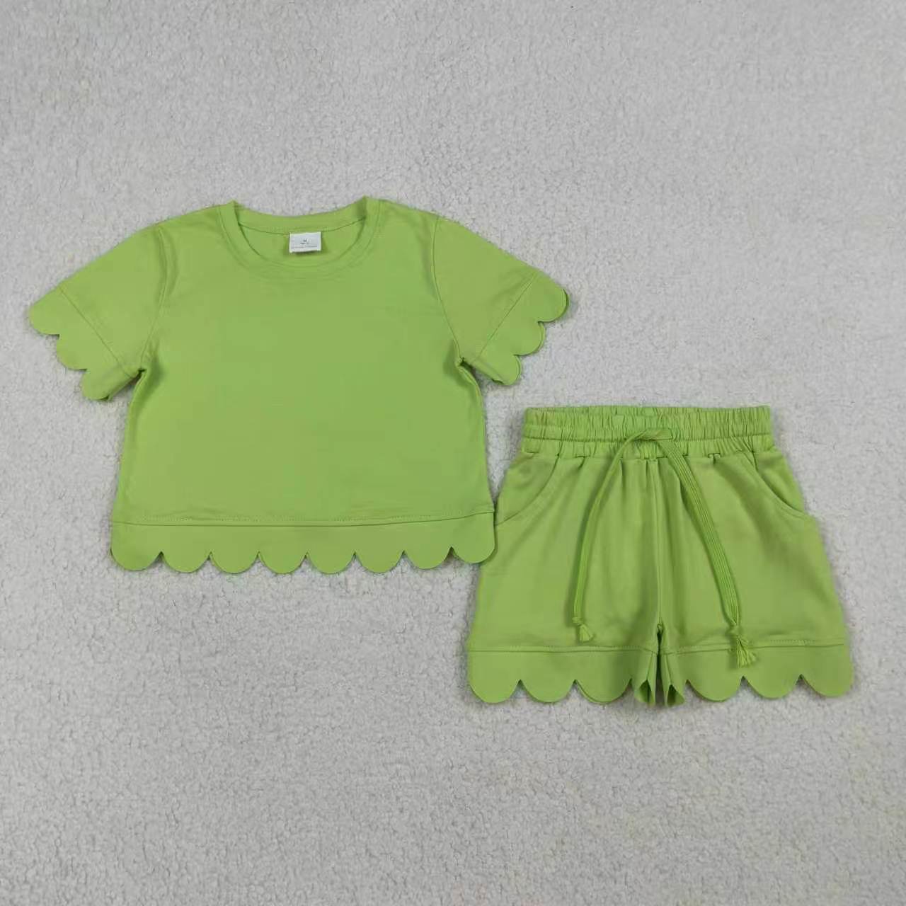 Solid Color Scallop Short Sleeve Shorts Girls Set RTS Sibling Clothes