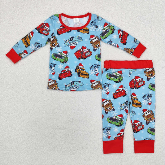 bamboo BLP0776 Christmas cartoon car blue long sleeve pants boys pajamas