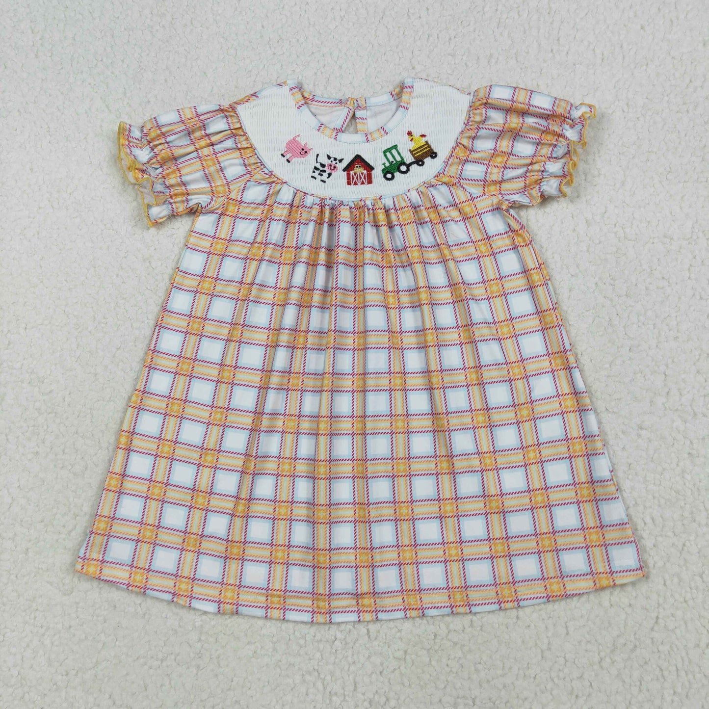 smocked embroidery GSD2276 farm pig cow animals tracktor khaki checkered short sleeve girls dress