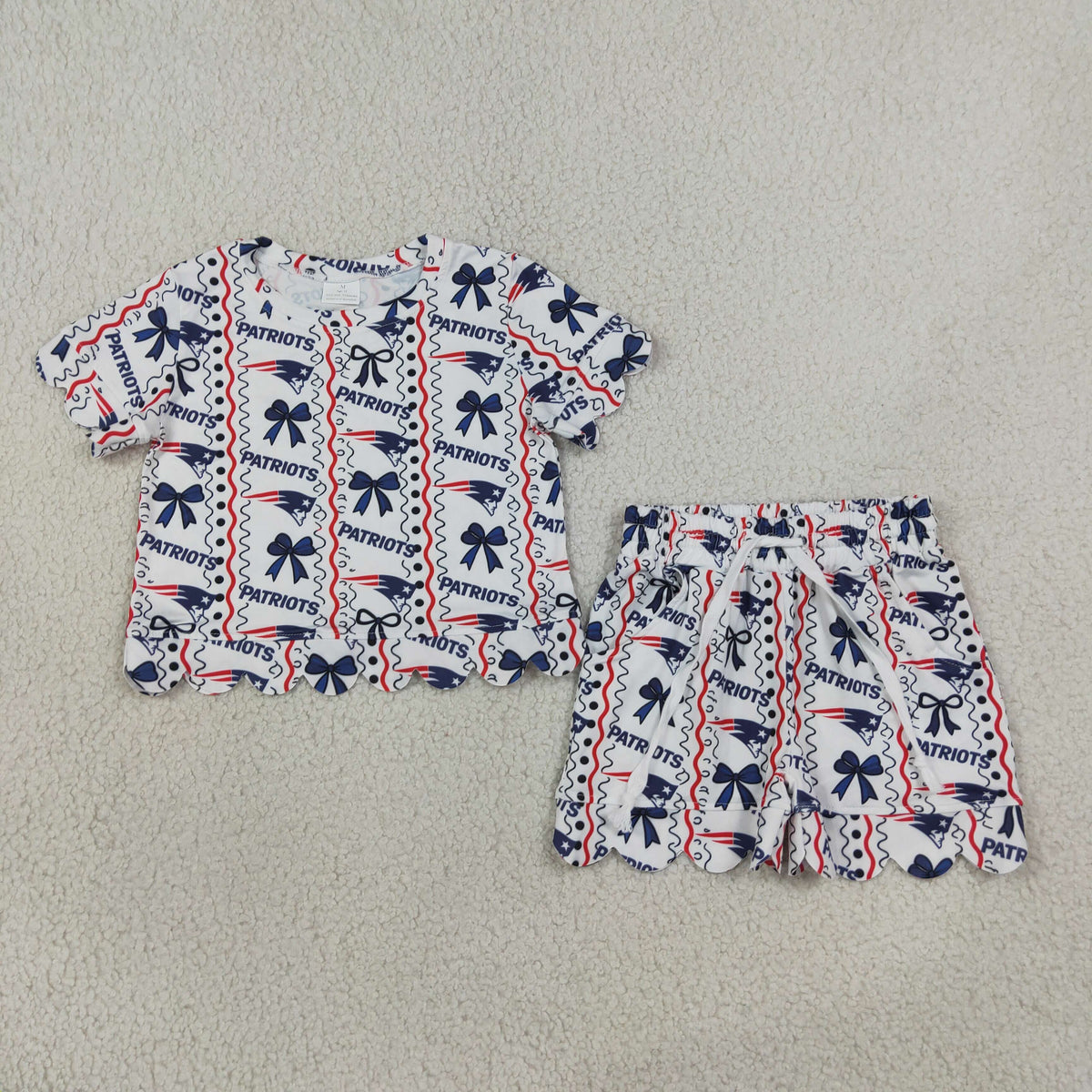 GSSO3854 Scallop PATRIOTS Bows Blue Short Sleeve Shorts Girls Set