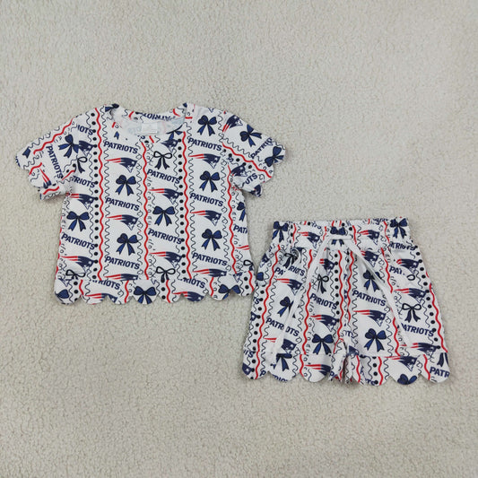 GSSO3854 Scallop PATRIOTS Bows Blue Short Sleeve Shorts Girls Set