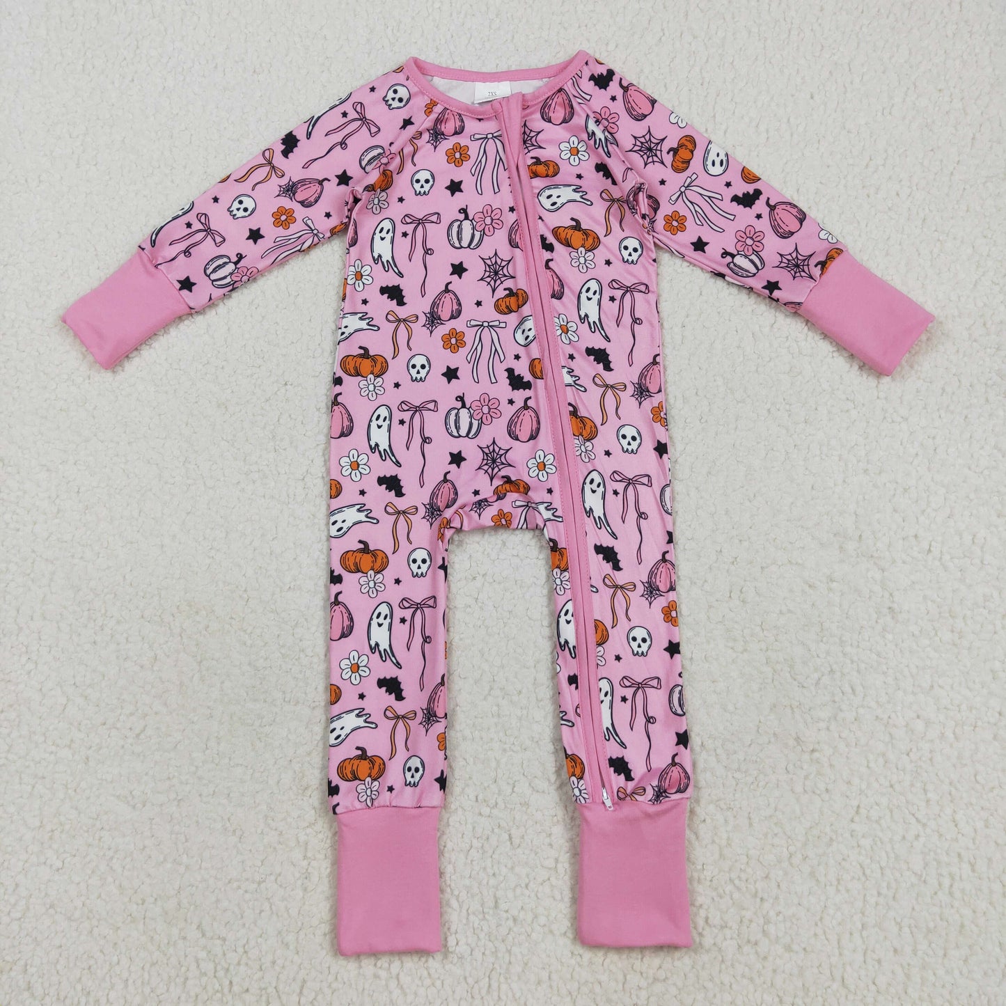 Custom moq 20 bamboo Halloween spooky pumpkin pink zipper long sleeve girls romper