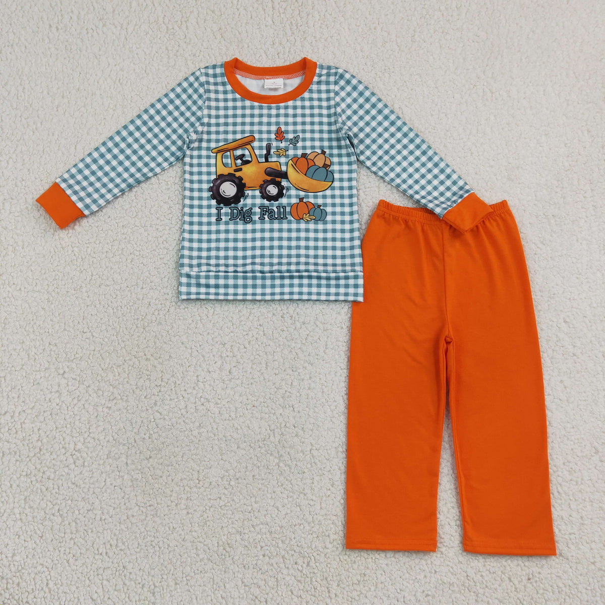 BLP1542 I Dig Fall Pumpkin Truck Checkered Long Sleeve Pants Boys Set