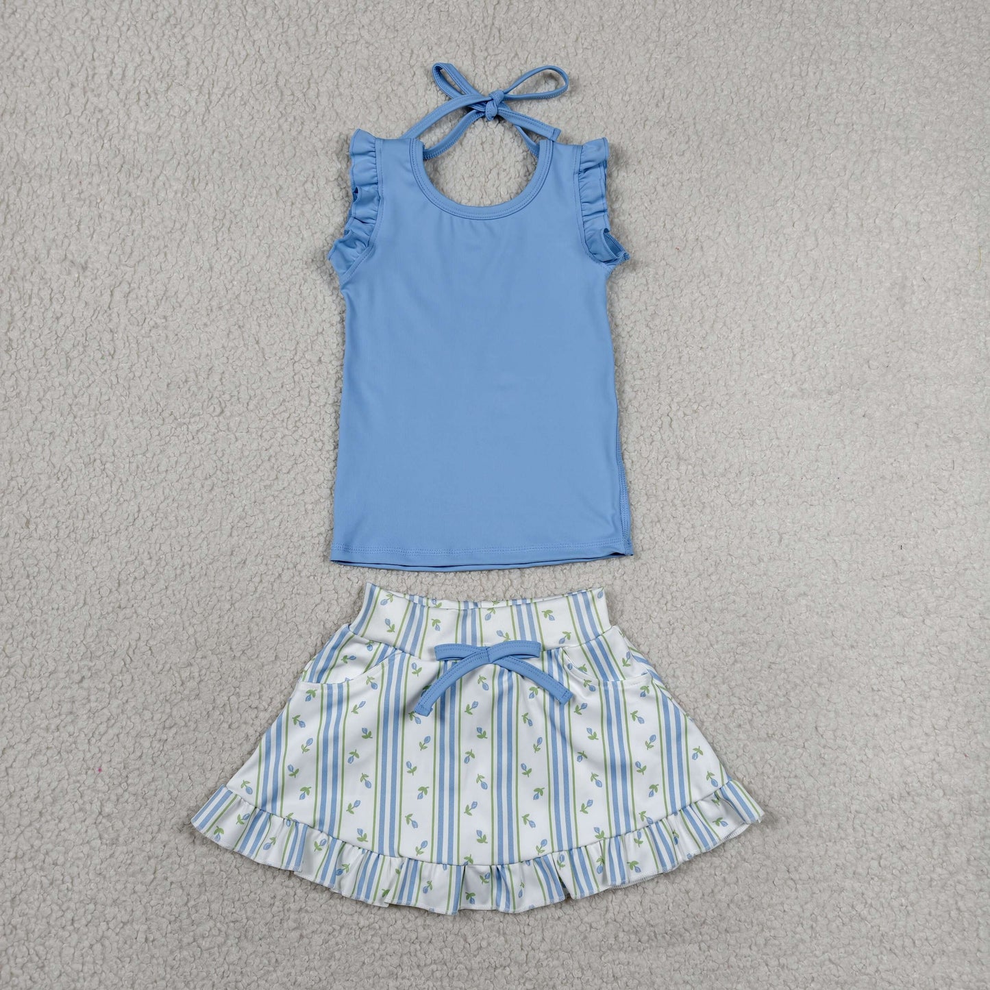 GSD3906 Yoga Blue Sleeveless Flowers Skorts Girls Set