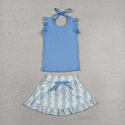 GSD3906 Yoga Blue Sleeveless Flowers Skorts Girls Set