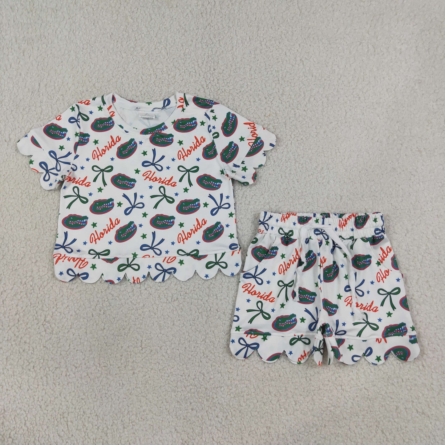 GSSO3249 Scallop Item Bows Short Sleeve Shorts Girls Set