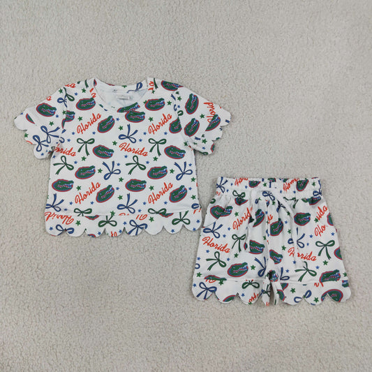 GSSO3249 Scallop Item Bows Short Sleeve Shorts Girls Set