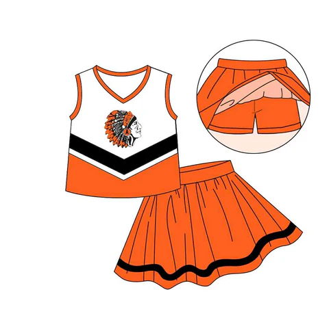 Custom Moq 5 football team orange sleeveless skirt skorts girls set