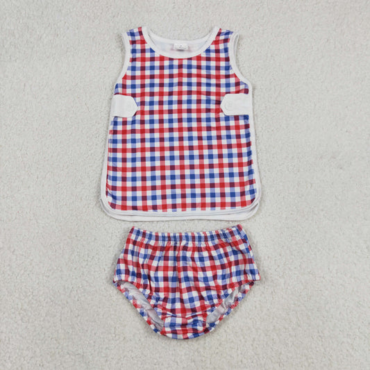 GBO0530 July 4th Red Blue Checkered Sleeveless Girls Bummies Set