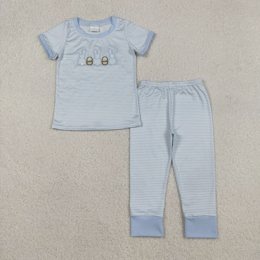 Embroidery BSPO0610 Easter bunny rabbit blue striped short sleeve pants boys pajamas