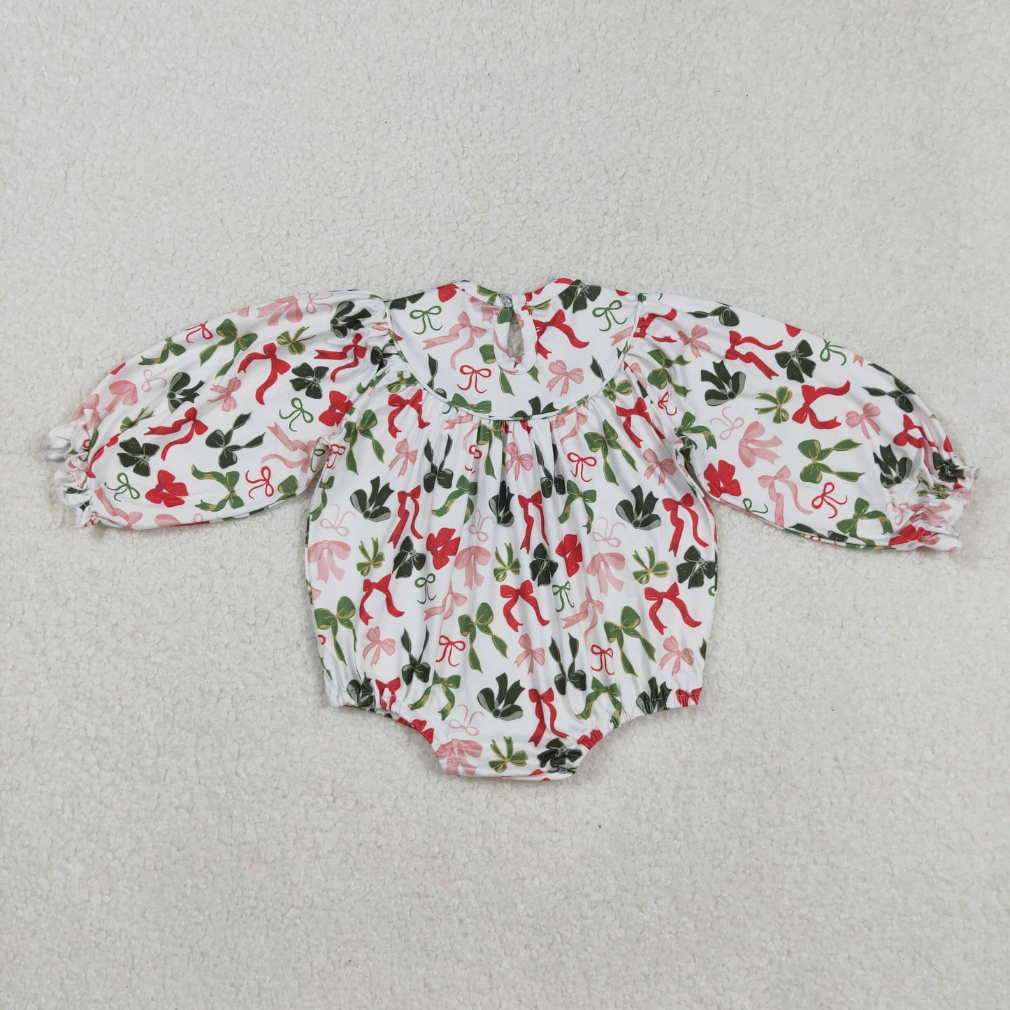 LR2185 smocked embroidery Christmas green/red bows long sleeve girls romper