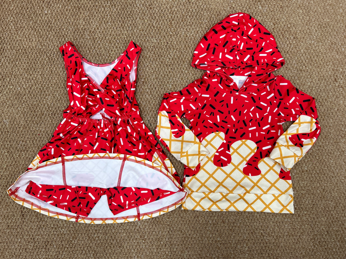 red ice hoodie top/yoga skorts dress RTS sibling clothes