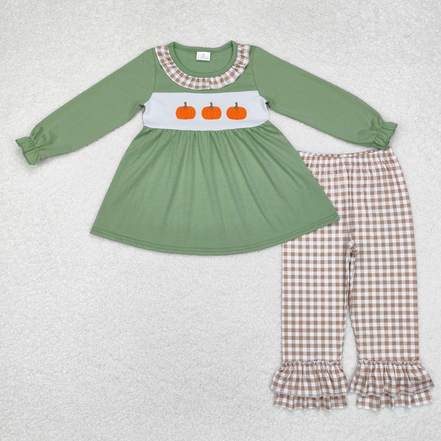 embroidery GLP1649 Autumn pumpkin green long sleeve khaki checkered pants girls set