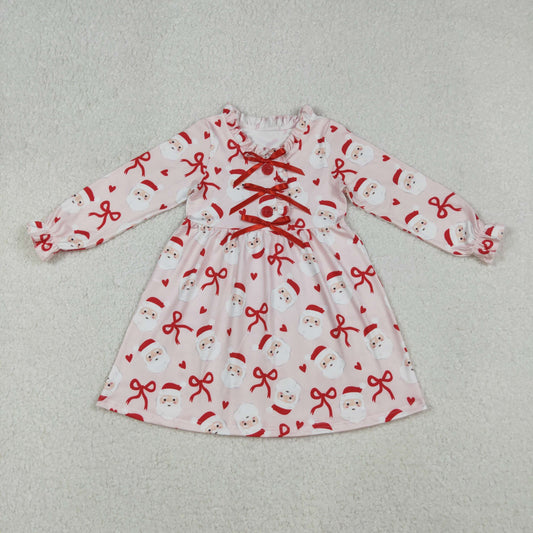 GLD1233 Christmas Santa red bows pink long sleeve girls dress