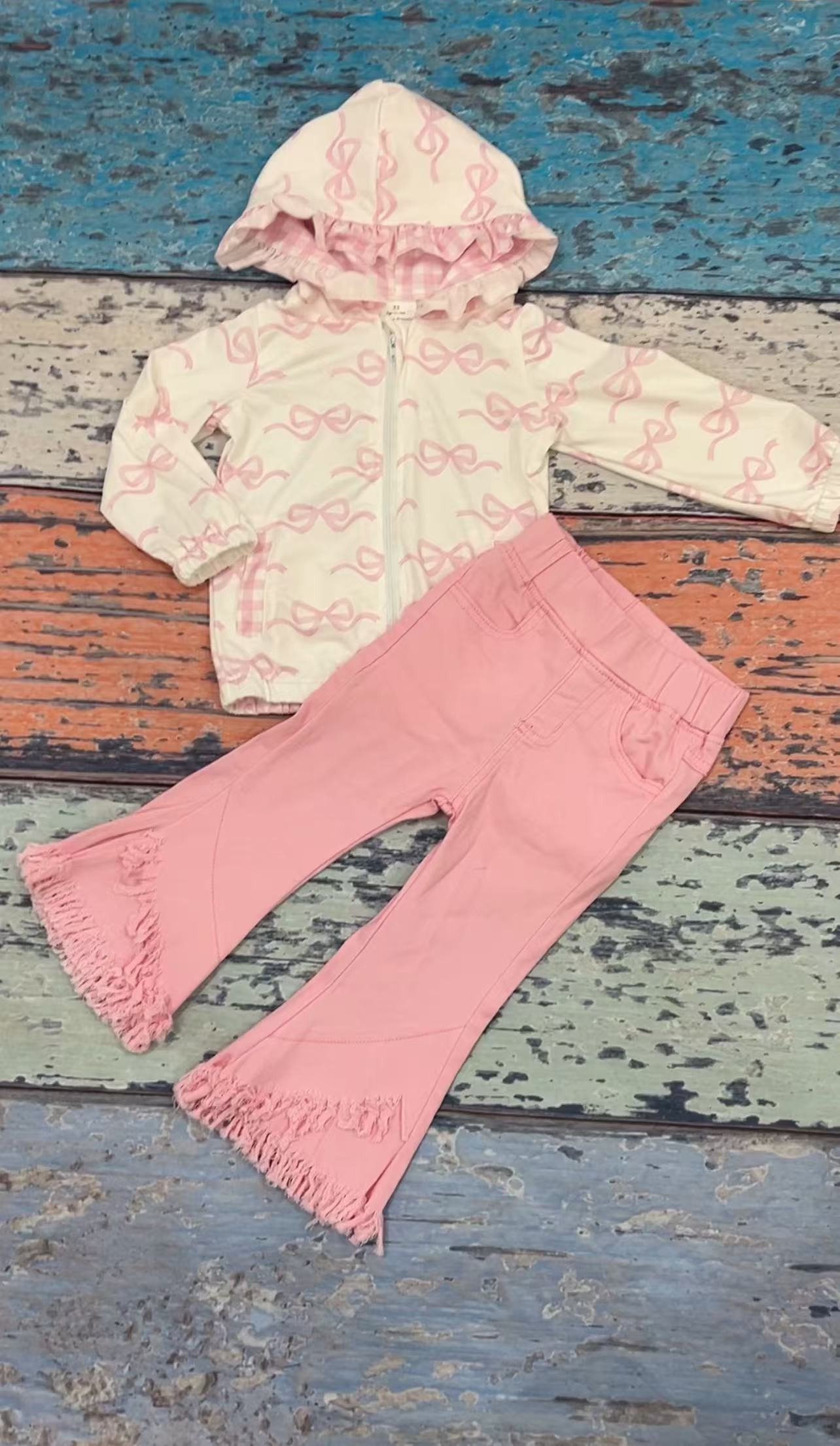 Cute Bows Pink Coat Pink Tassels Jeans Girls Set