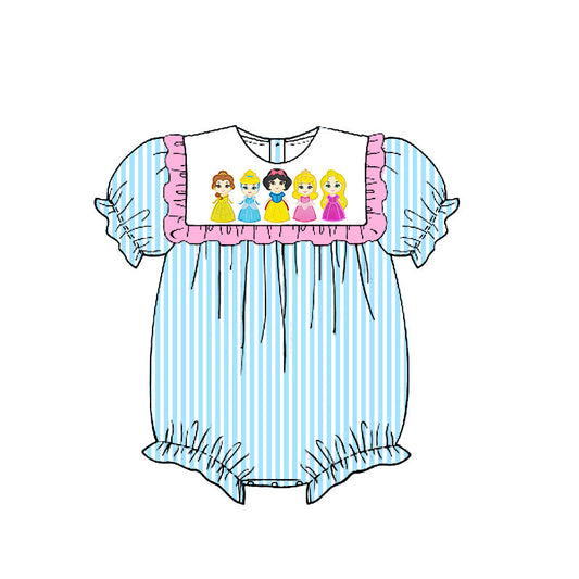 custom style cartoon princess blue striped short sleeve girls romper