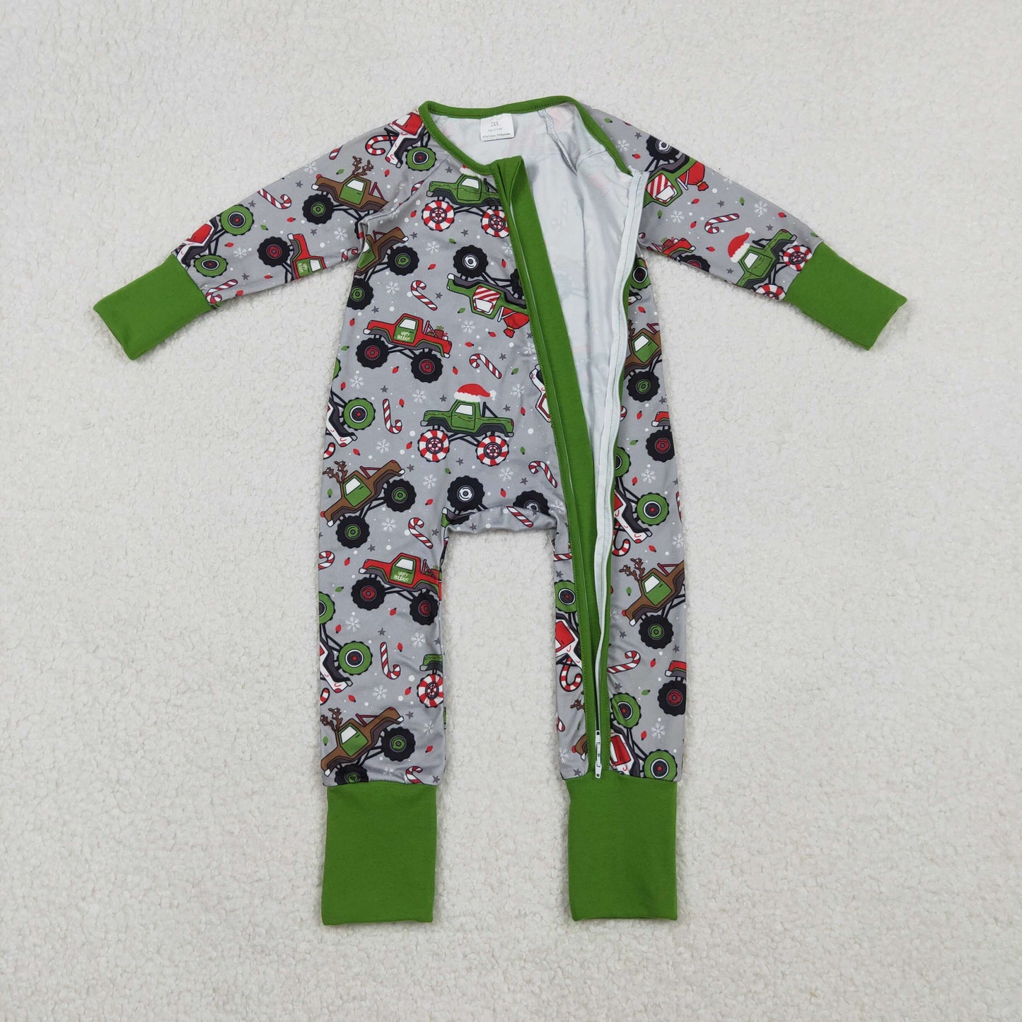 LR2669 Christmas cane candy car green grey zipper long sleeve boys romper