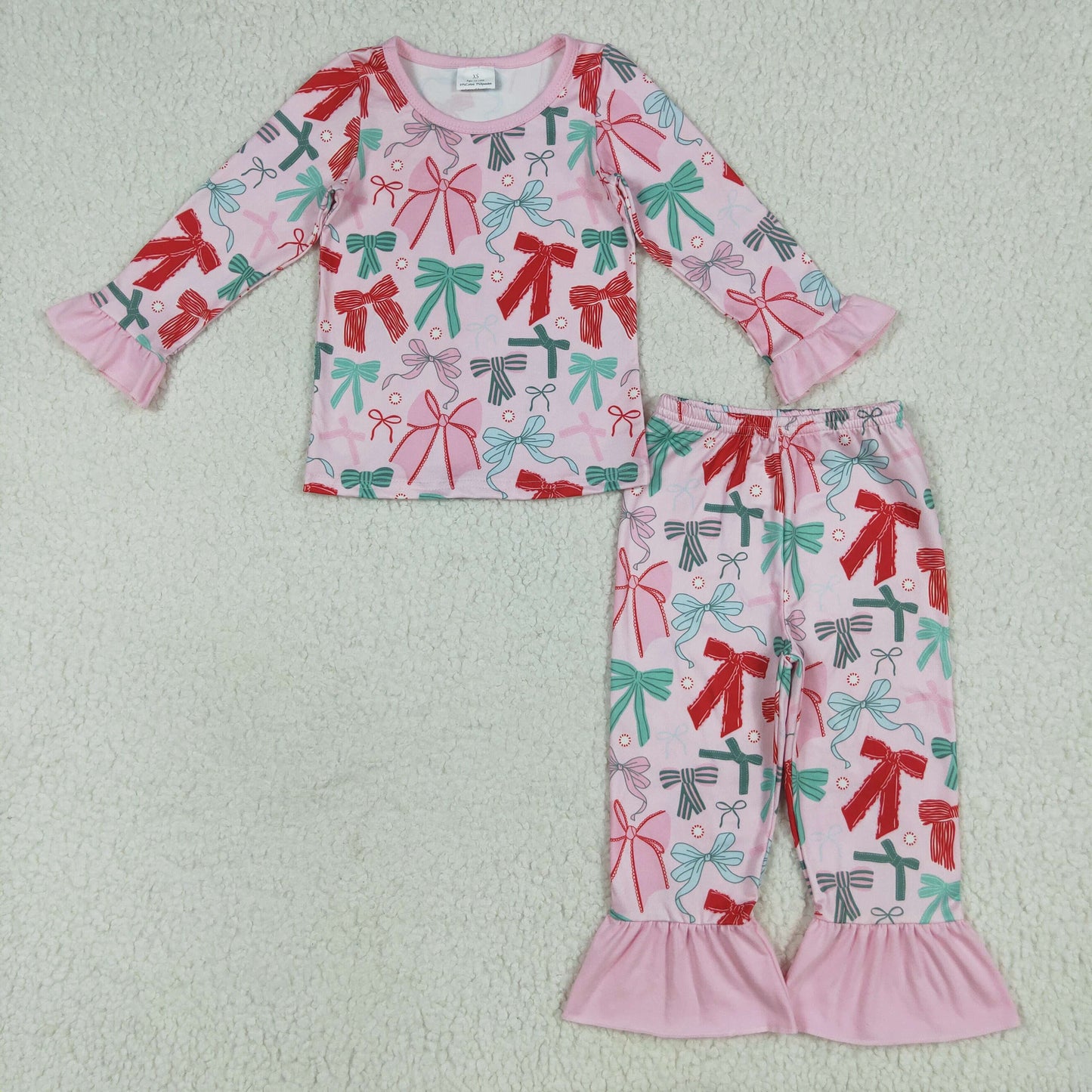 GLP2413 red green bows pink long sleeve pants girls pajamas girls set