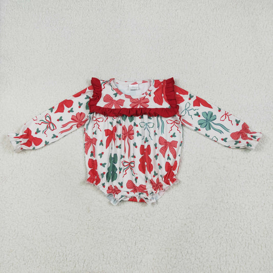LR2209 Christmas red green bows ruffles long sleeve girls romper