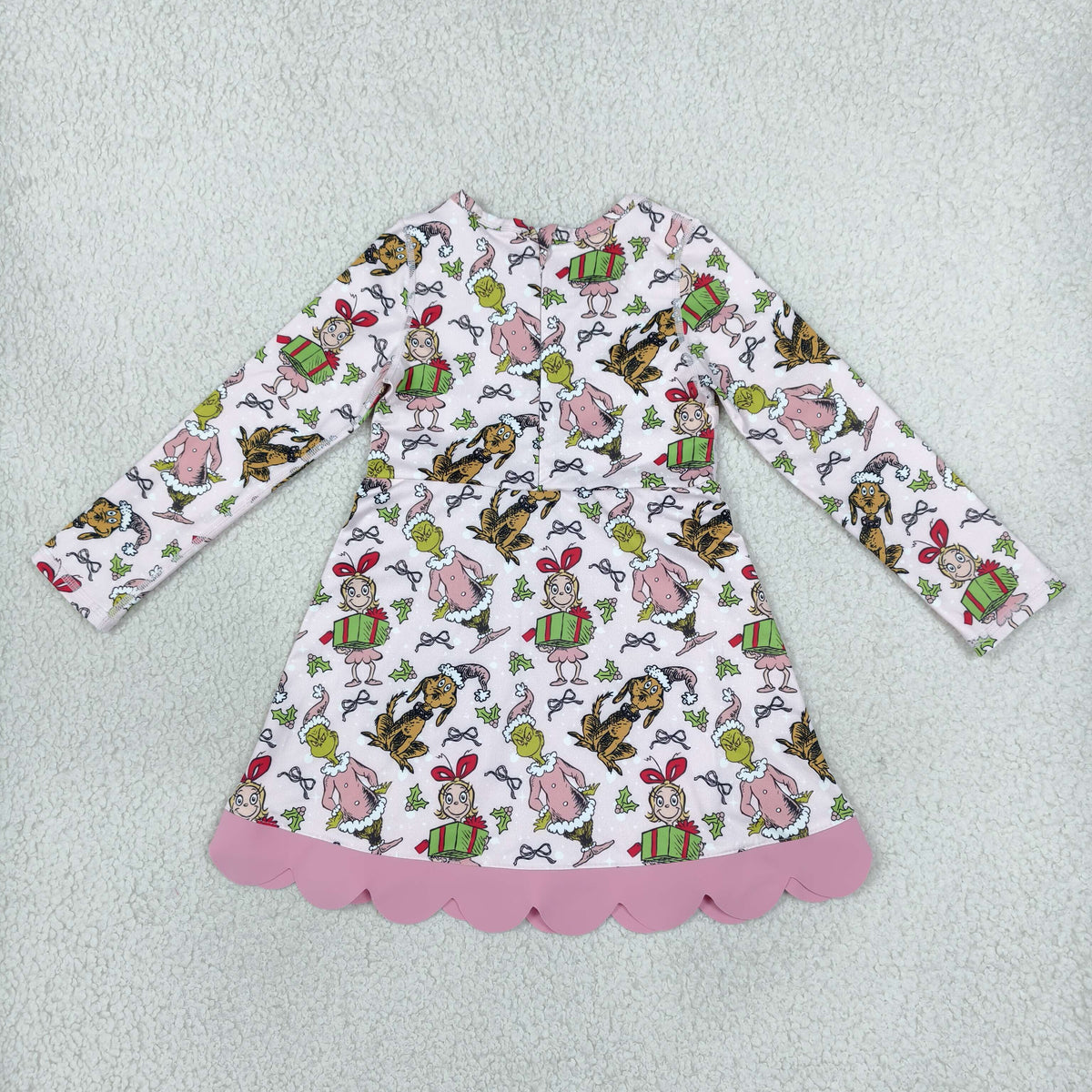 GLD1656 Yoga Christmas Green Face Bows Pink Long Sleeve Girls Dress