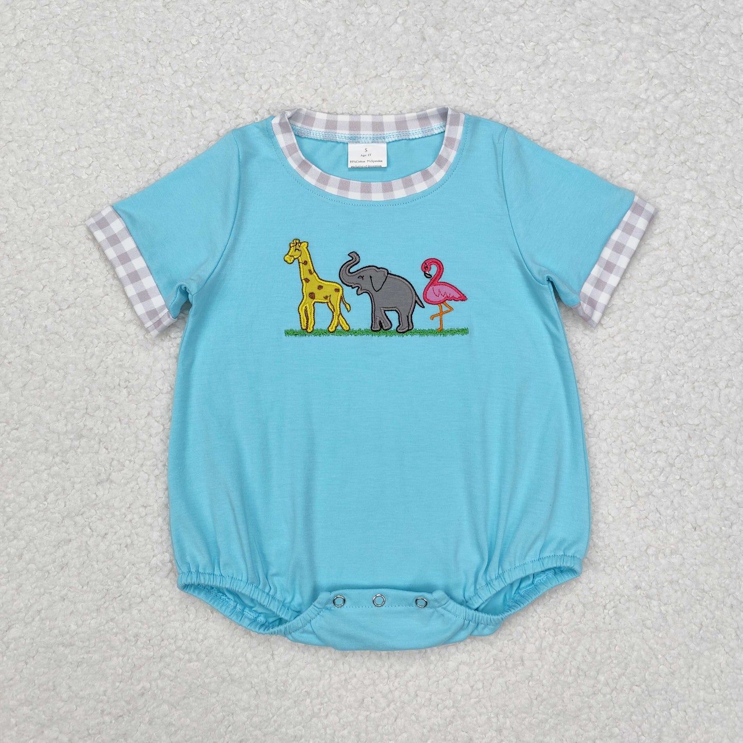 embroidery SR2123 aqua giraffe elephant flamingo short sleeve boys romper