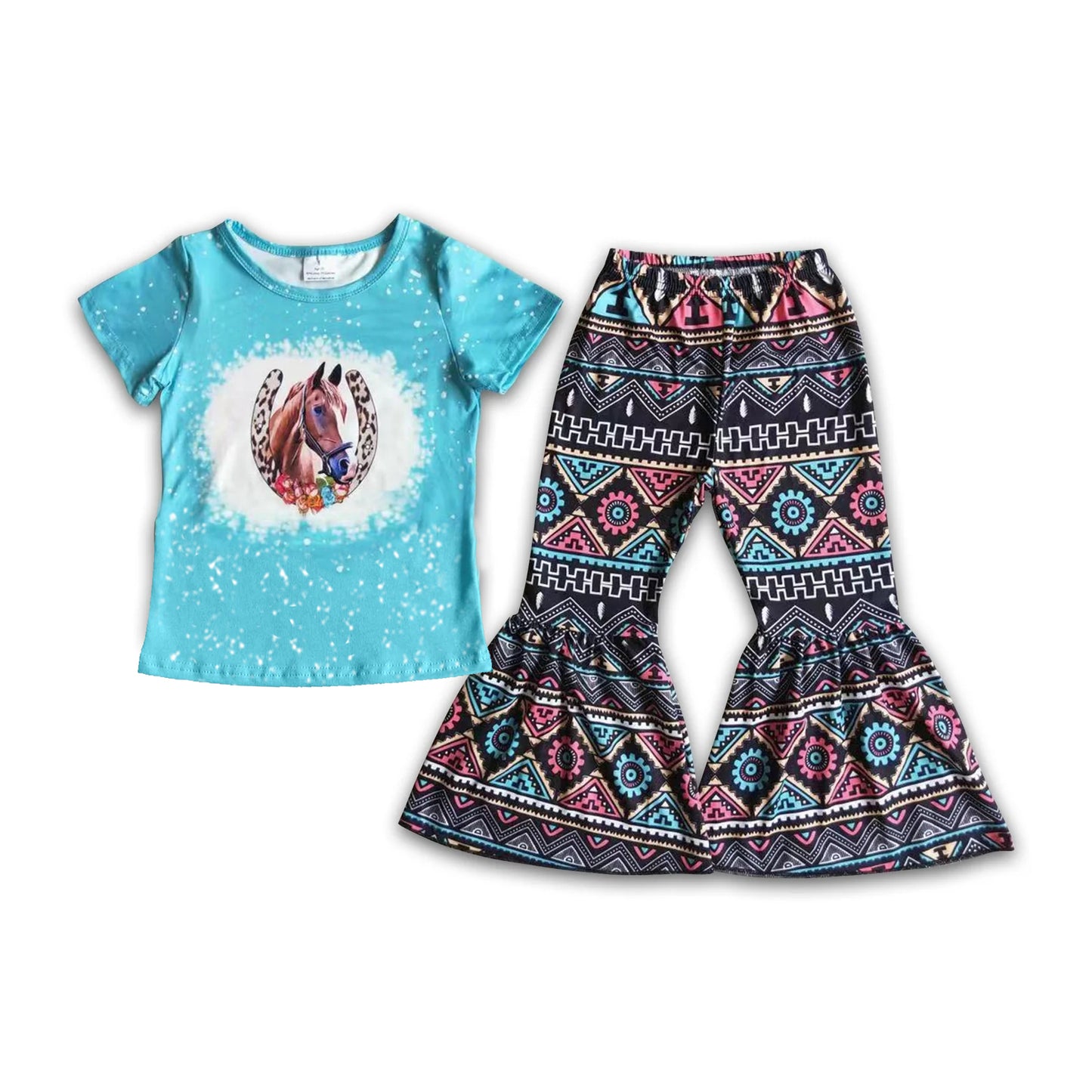 Custom S 9.25 Western horse blue short sleeve pants girls set