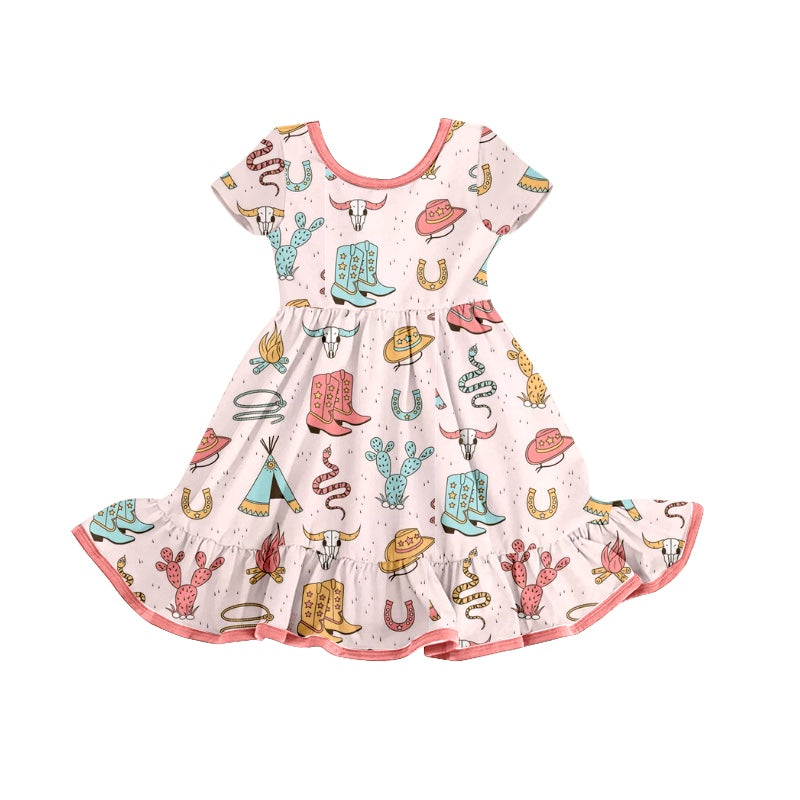 Preorder Western Cow Boot Snake Pink Short Sleeve Girls Dress