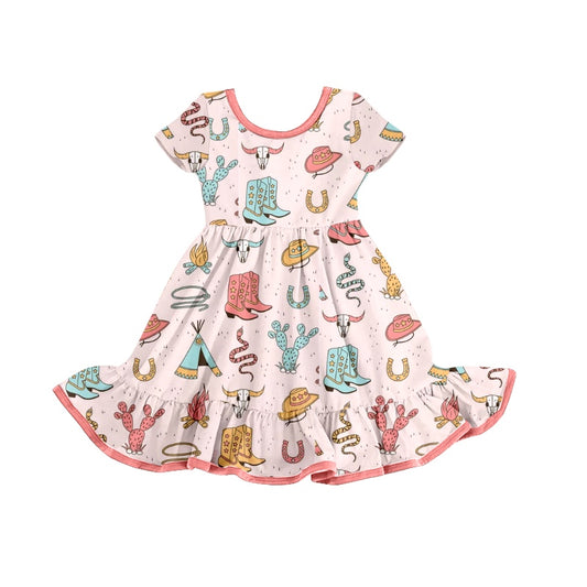 Preorder Western Cow Boot Snake Pink Short Sleeve Girls Dress