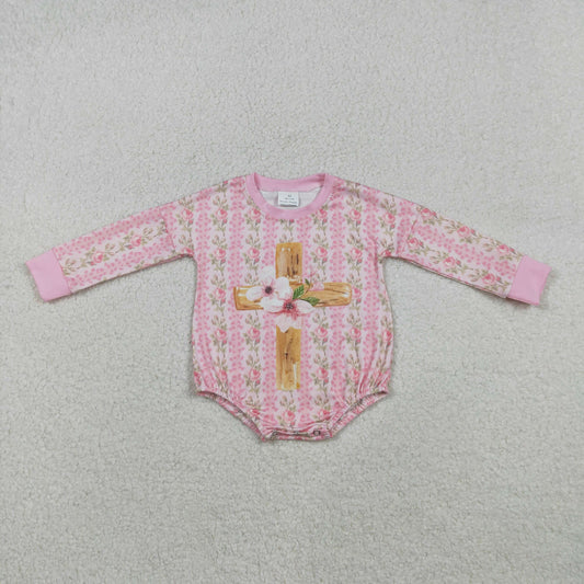 LR2837 Easter cross pink flowers long sleeve girls romper