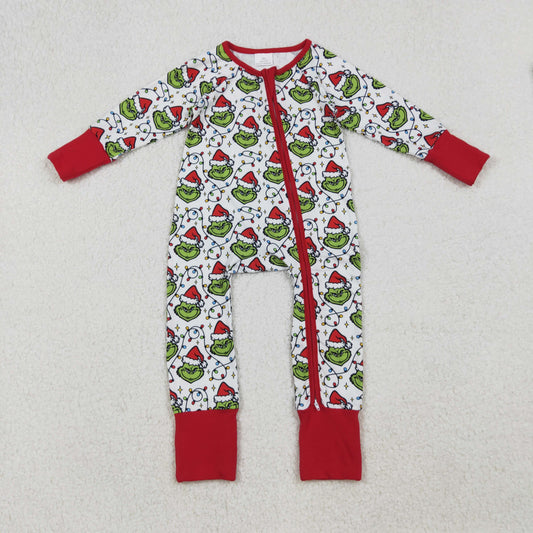 LR2574 Christmas green face light zipper long sleeve girls romper