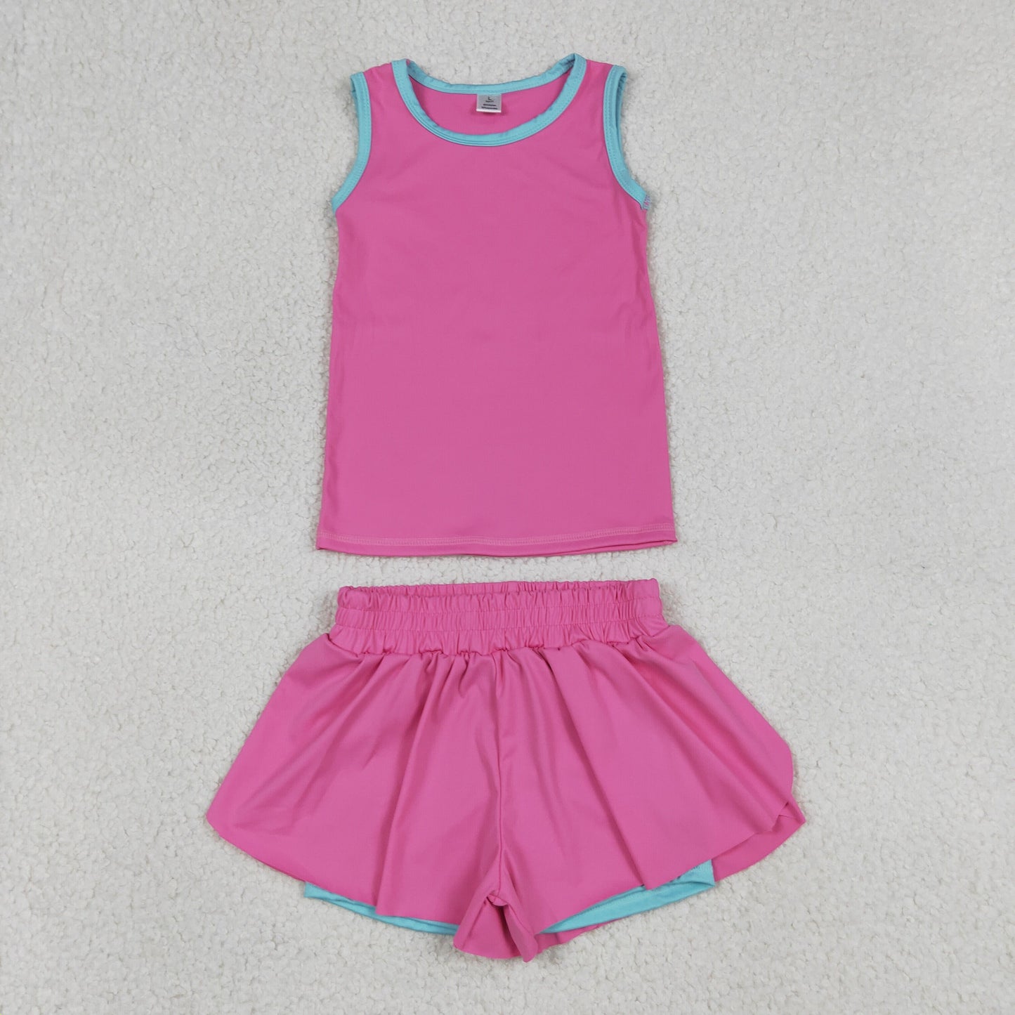 GSSO3526 Yoga Solid Color Hot Pink Sleeveless Shorts Girls Set