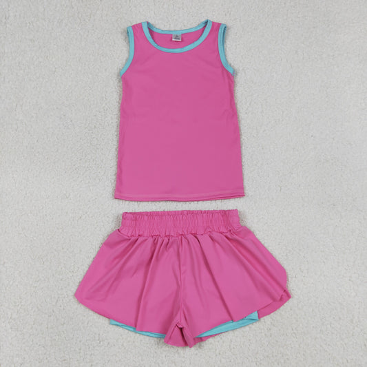 GSSO3526 Yoga Solid Color Hot Pink Sleeveless Shorts Girls Set