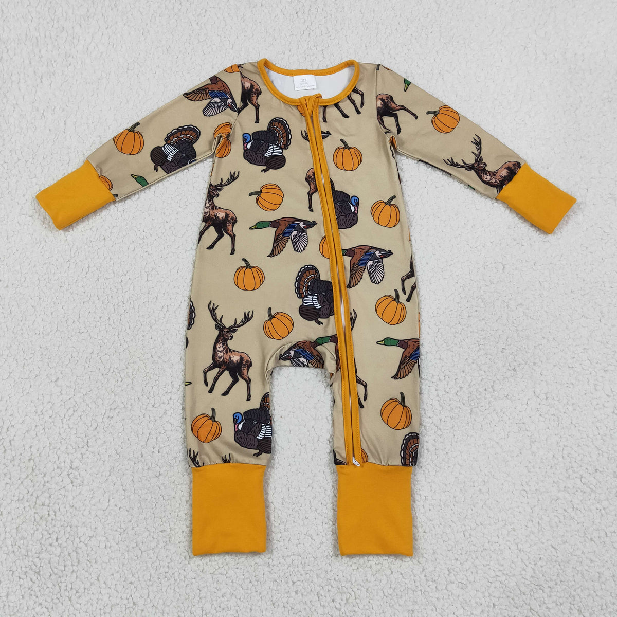 LR3251 Pumpkin Hunting Zipper Long Sleeve Boys Romper