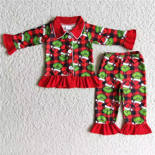 6 A19-15 New Arrival Christmas green face girls red pajamas