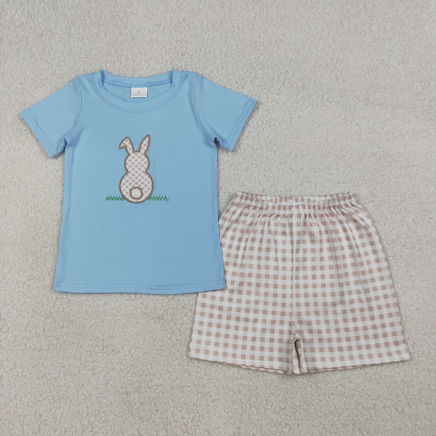 Embroidery BSSO0305 Easter rabbit blue short sleeve khaki shorts boys set