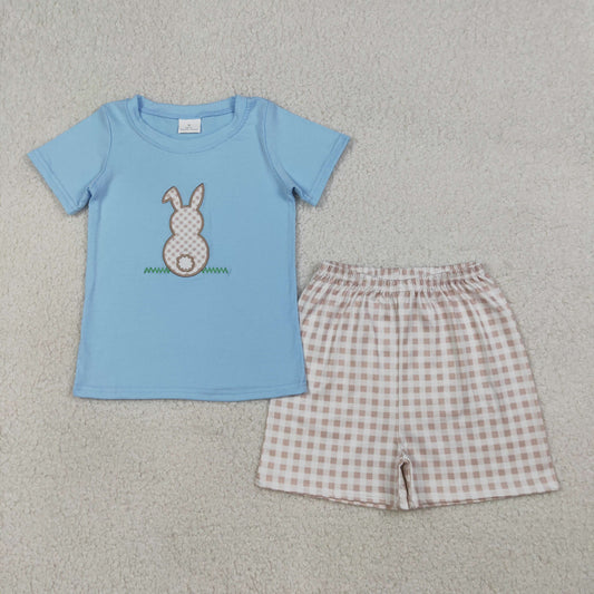 Embroidery BSSO0305 Easter rabbit blue short sleeve khaki shorts boys set
