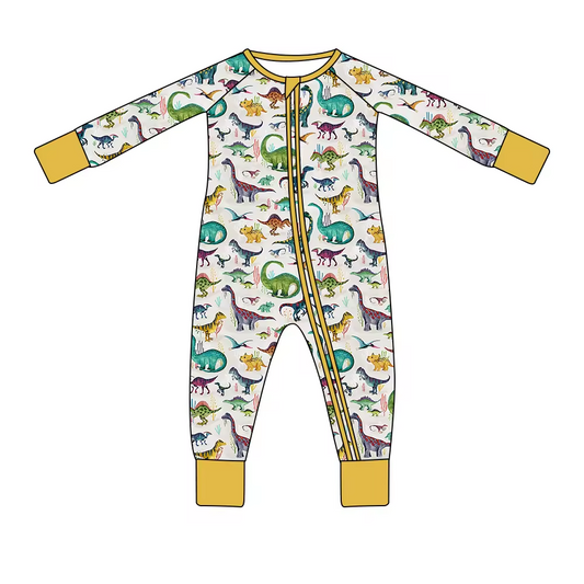custom colorful dinosaur yellow long sleeve boys zipper romper