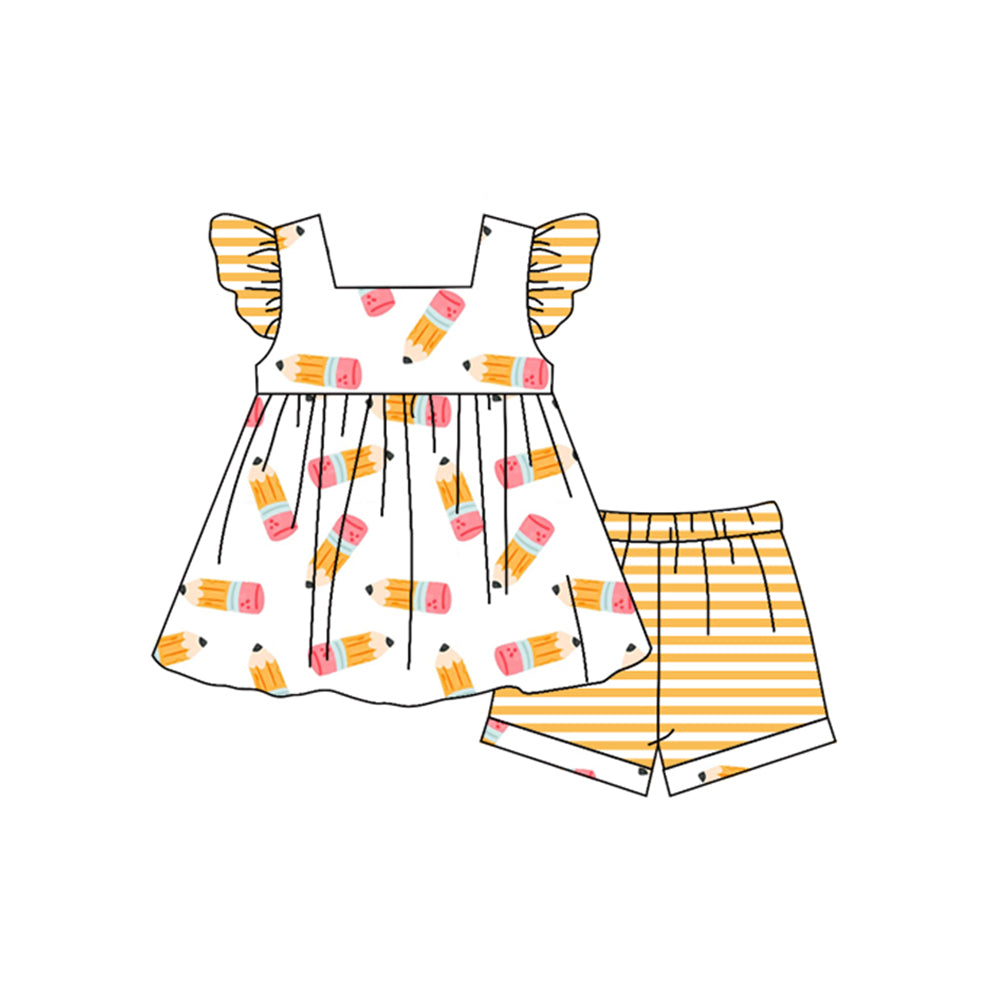 preorder back to school pen flutter sleeve yellow striped shorts girls set