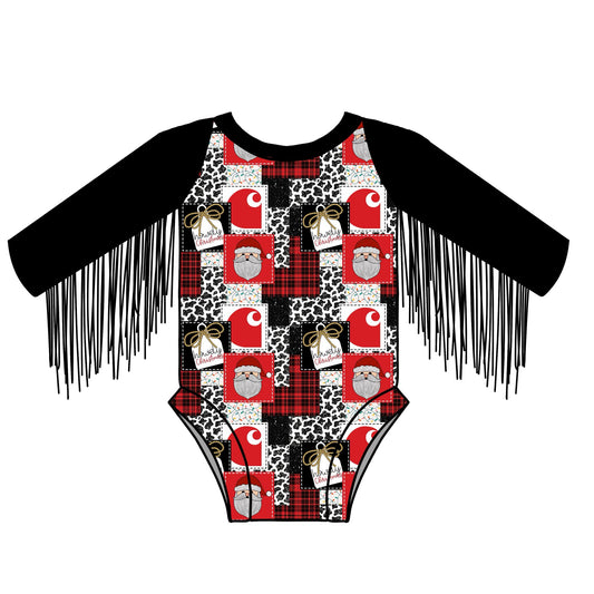 custom Christmas Santa black long sleeve tassels girls romper