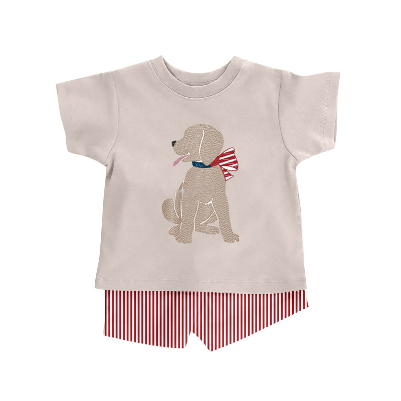 Custom July 4th dog khaki short sleeve red striped shorts boys set moq 3