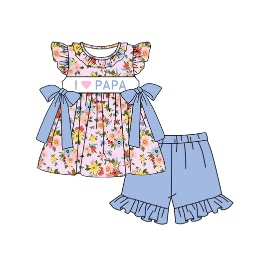 Custom I love papa flowers pink flutter sleeve blue shorts girls set moq 3