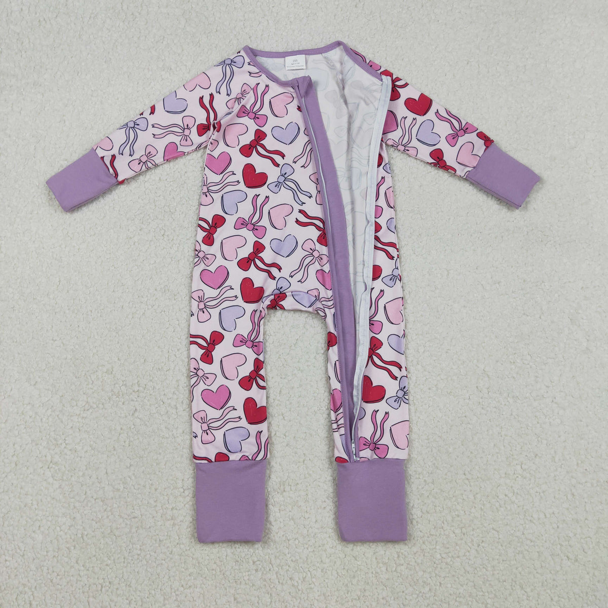 LR2883 Valentine's Day Bows Heart Purple Zipper Long Sleeve Girls Romper