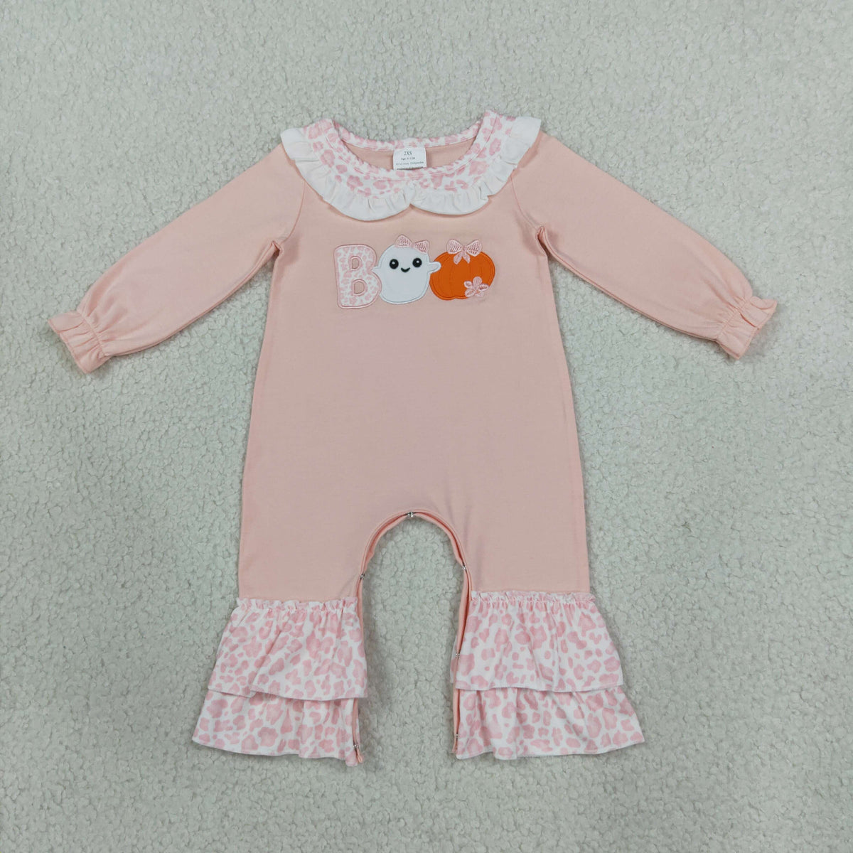 LR3223 Embroidery Boo Spooky Pink Long Sleeve Girls Romper