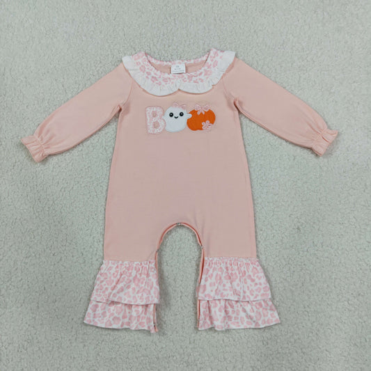 LR3223 Embroidery Boo Spooky Pink Long Sleeve Girls Romper
