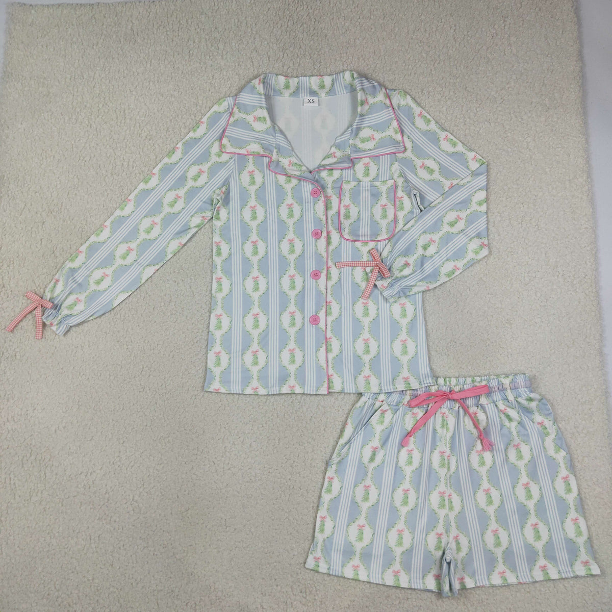 GLS0114 Christmas Tree Blue Long Sleeve Shorts Adult Women Pajamas