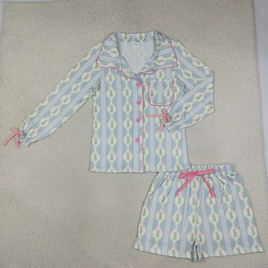 GLS0114 Christmas Tree Blue Long Sleeve Shorts Adult Women Pajamas