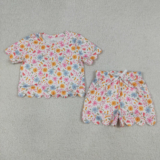 GSSO3269 Scallop Pink Bows Flowers Short Sleeve Shorts Girls Set