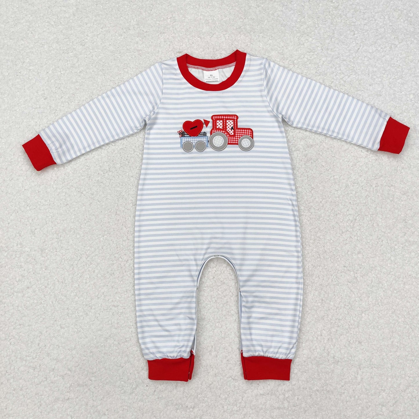 embroidery LR1924 Valentine Day heart truck striped long sleeve boys romper