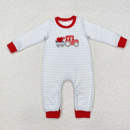 embroidery LR1924 Valentine Day heart truck striped long sleeve boys romper