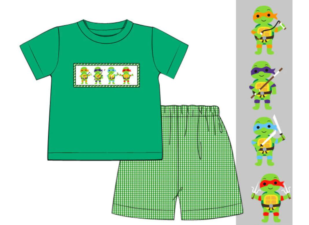 custom cartoon cute tortoise green short sleeve checkered shorts boys set